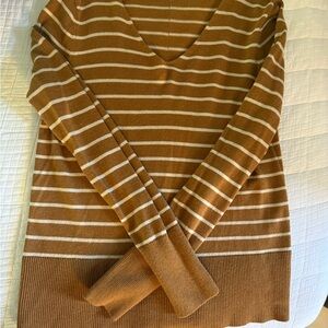 Loft Striped V-Neck Sweater - Brown and White